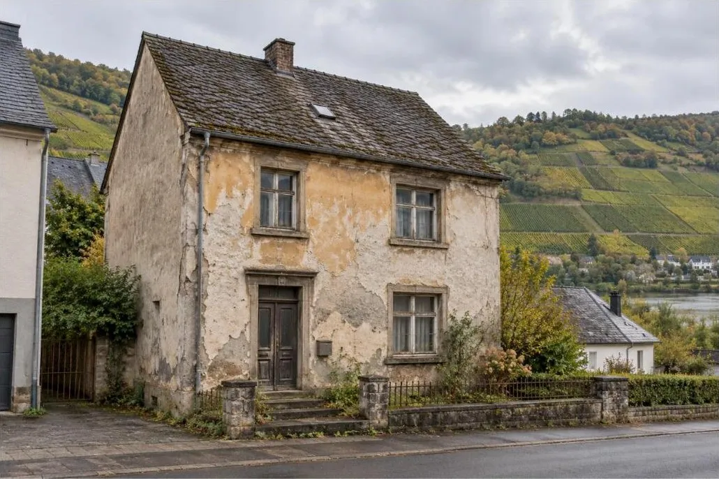 Haus virun den Aarbechten, gerassene Putz